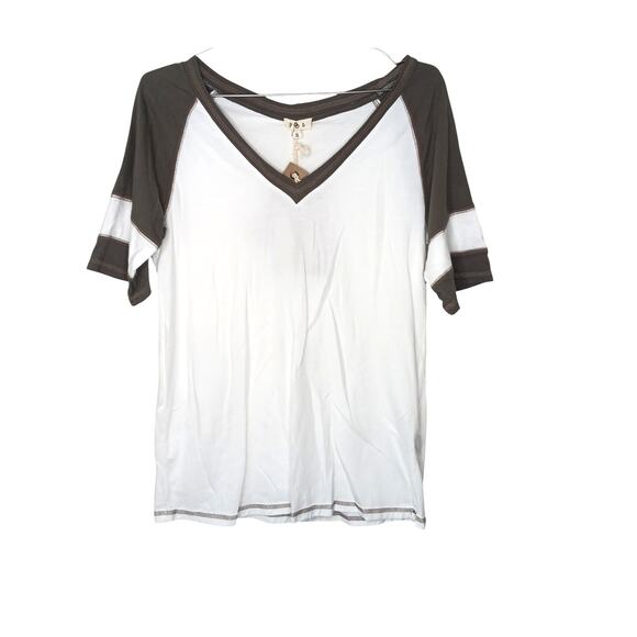 New POL Colorblock V-Neck Soft Stretch Tee Oversized White Short Sleeve Small - Picture 2 of 16